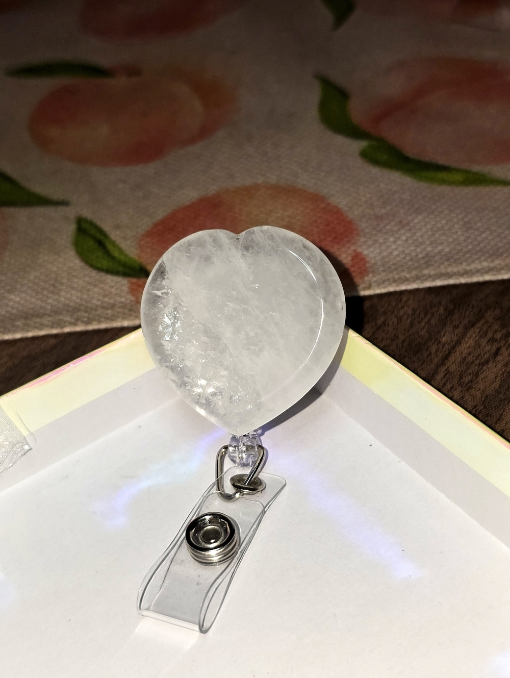 Clear Quartz Heart Crystal ID Badge Reel